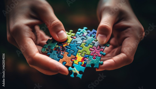 Successful teamwork connects ideas, holding jigsaw pieces for solutions