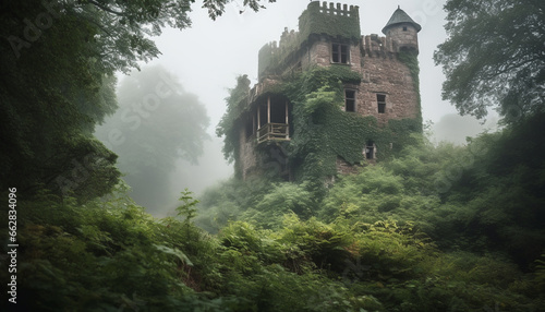 Mysterious ancient ruin on wet cliff in spooky forest landscape