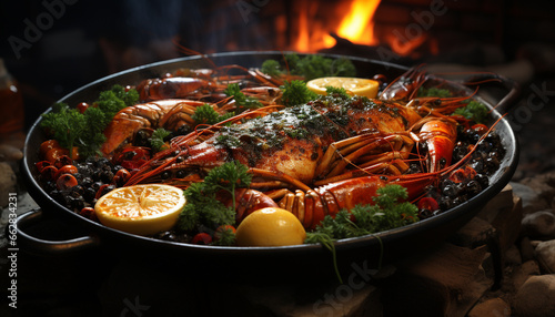 Grilled seafood, freshness, gourmet meal, flame cooking, barbecue grill generated by AI