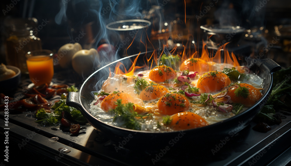 Freshness and heat create a gourmet meal on the cooking pan generated by AI Freshness and heat create a gourmet meal on the cooking pan generated by AI