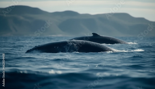 Breaching humpback whale splashes in tranquil seascape, majestic beauty