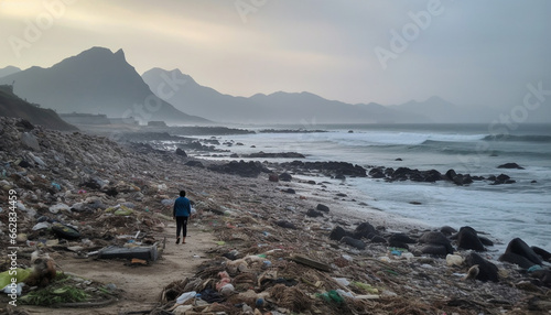 One person hiking on a dirty coastline, witnessing environmental damage