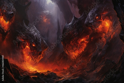 Ferocious lava golems, born from volcanic eruptions, with molten rock bodies - Generative AI © Sidewaypics