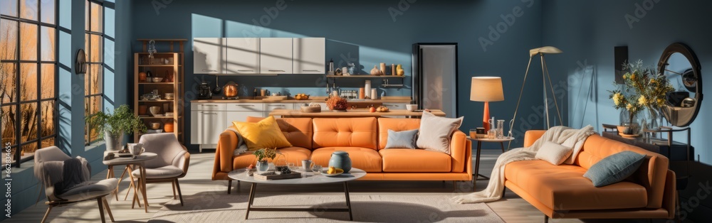 Playful interior design of studio apartment, modern living room and kitchen. Playful interior design of studio apartment, modern living room and kitchen.