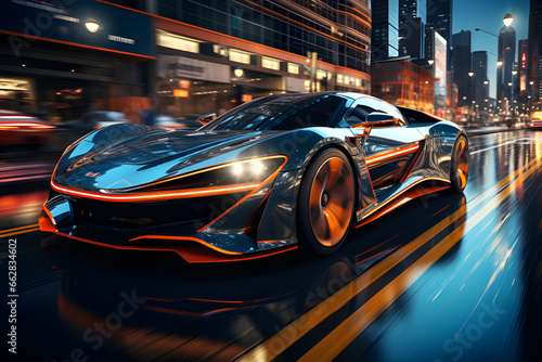 A sleek and aerodynamic vehicle speeding through a neon-lit urban landscape of the future, generative AI