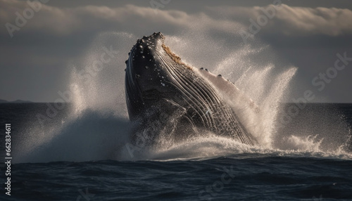 Majestic humpback breaches, spraying water, in awe inspiring tropical seascape