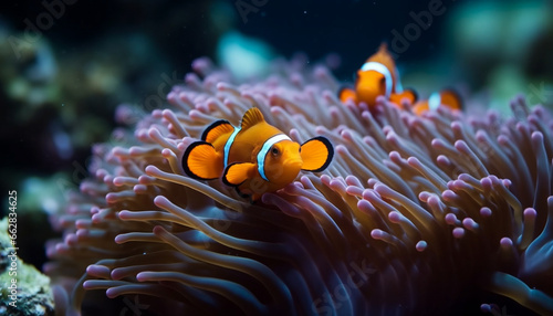 Vibrant clown fish swim in multi colored coral reef underwater