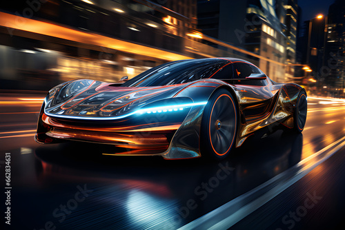 A sleek and aerodynamic vehicle speeding through a neon-lit urban landscape of the future, generative AI © Nicolas