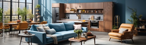 Playful interior design of studio apartment, modern living room and kitchen.