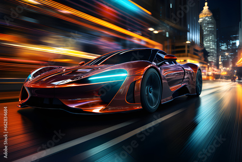 A sleek and aerodynamic vehicle speeding through a neon-lit urban landscape of the future  generative AI