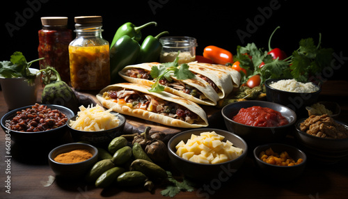 Grilled beef taco with fresh vegetables on a rustic wooden table generated by AI
