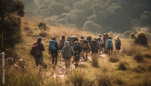 Group of people hiking in the mountains with backpacks and equipment