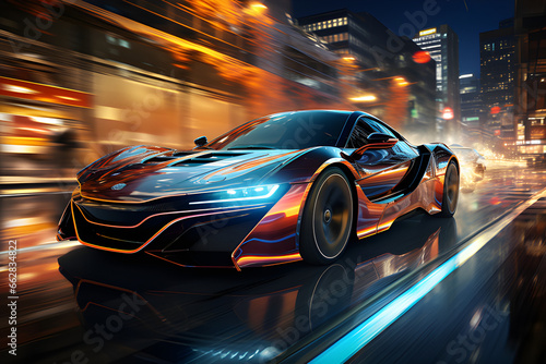 A sleek and aerodynamic vehicle speeding through a neon-lit urban landscape of the future, generative AI © Nicolas