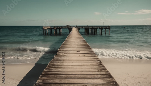 Tranquil seascape, wooden jetty, sandy coast, blue water, tropical sunset