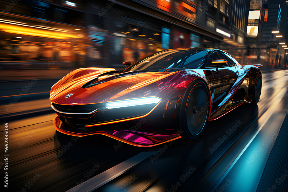 A sleek and aerodynamic vehicle speeding through a neon-lit urban landscape of the future, generative AI