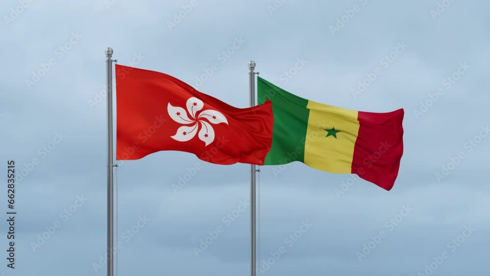 Republic of Senegal and Hong Kong flag waving together on cloudy sky, endless seamless loop, two country cooperation concept Republic of Senegal and Hong Kong flag waving together on cloudy sky, endless seamless loop, two country cooperation concept
