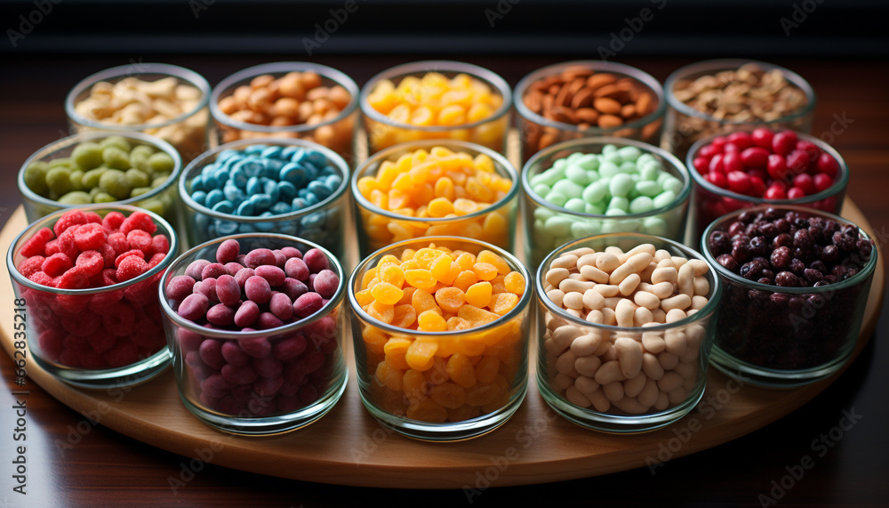 A colorful bowl of sweet fruit candy, a gourmet indulgence generated by AI A colorful bowl of sweet fruit candy, a gourmet indulgence generated by AI