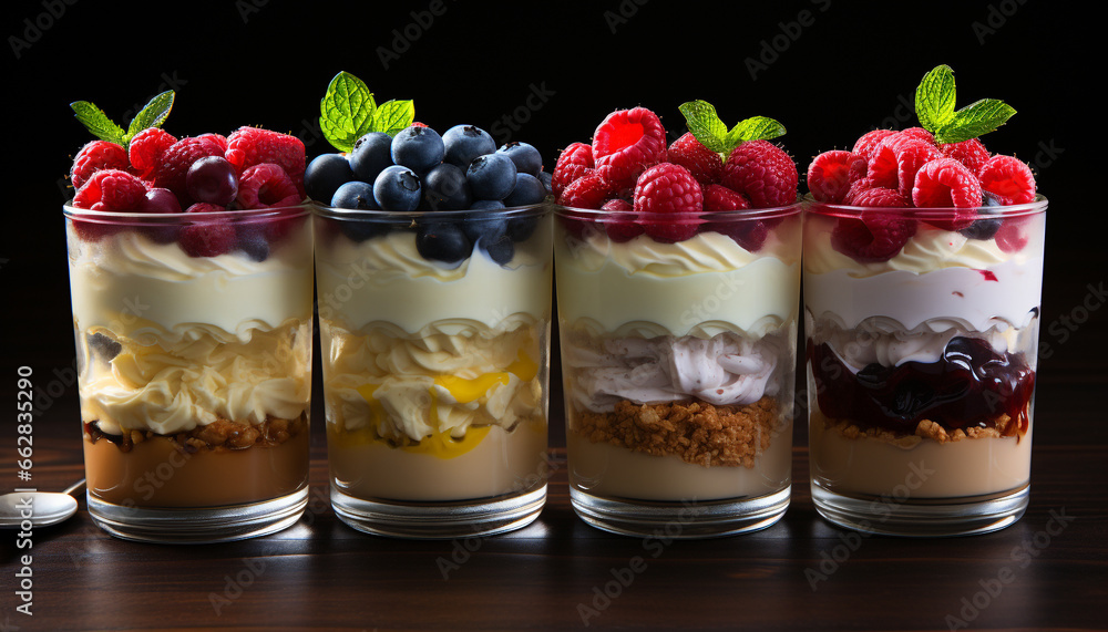Raspberry dessert, fresh fruit, yogurt, gourmet snack, culinary parfait generated by AI Raspberry dessert, fresh fruit, yogurt, gourmet snack, culinary parfait generated by AI