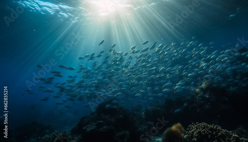 School of fish swimming in multi colored underwater seascape