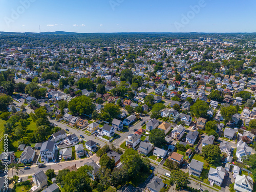 Wollaston and North Quincy historic residential area aerial view near Quincy Bay in Wollaston, city of Quincy, Massachusetts MA, USA. 