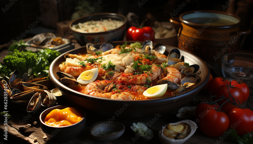 Freshness and gourmet seafood meal  prawn, mussel, scampi, cooked with tomato generated by AI