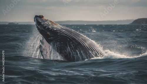 Majestic humpback breaches, spraying water, in idyllic seascape © Stockgiu