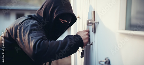 Burglary or thief breaking into a home opens the lock on the door of a country house, theft crime criminal case concept, Burglar breaking into house