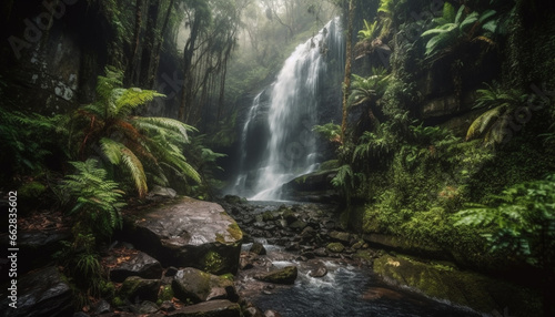 Tranquil scene of a tropical rainforest with flowing water and ferns