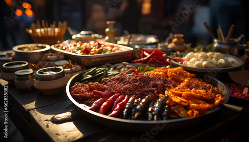 Grilled meat, seafood, and vegetables on a barbecue plate generated by AI
