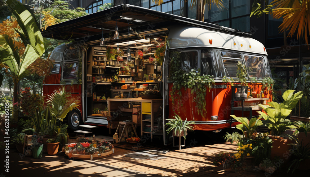 Fototapeta premium Wooden kiosk selling grilled fruit in cityscape generated by AI