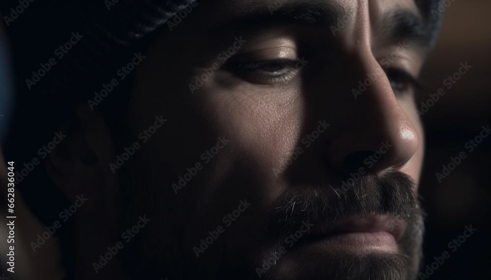 Serious young adult man with beard looking at camera indoors Serious young adult man with beard looking at camera indoors