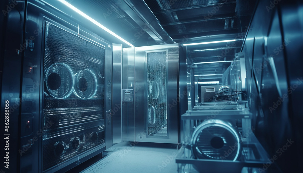 Fototapeta premium Futuristic factory machinery working inside modern steel warehouse with computer network