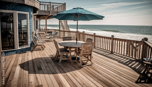 Tranquil coastline  modern luxury table  comfortable chair  nature beauty outdoors