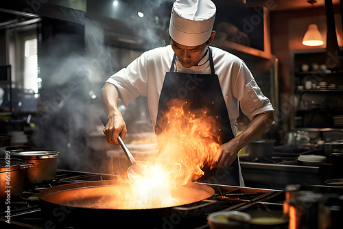 Masterful Asian Chef in the Kitchen.  Generative AI.