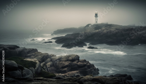 Tranquil seascape waves breaking on remote rocky coastline at dusk