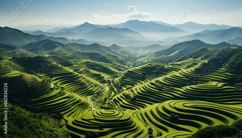 Tranquil scene mountain range, rice paddy, terraced field, green grass generated by AI