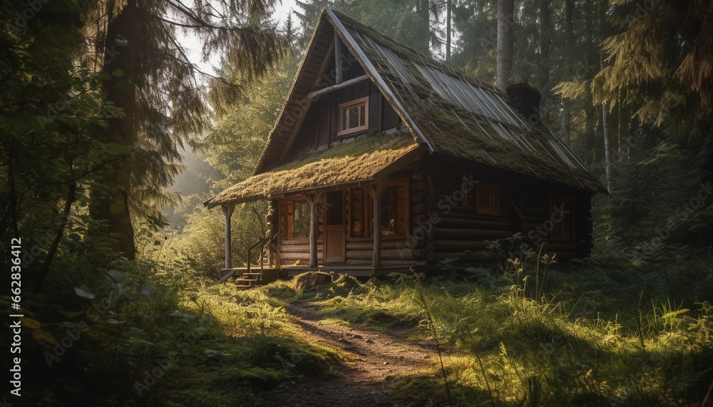 The old log cabin in the spooky forest exudes tranquility The old log cabin in the spooky forest exudes tranquility