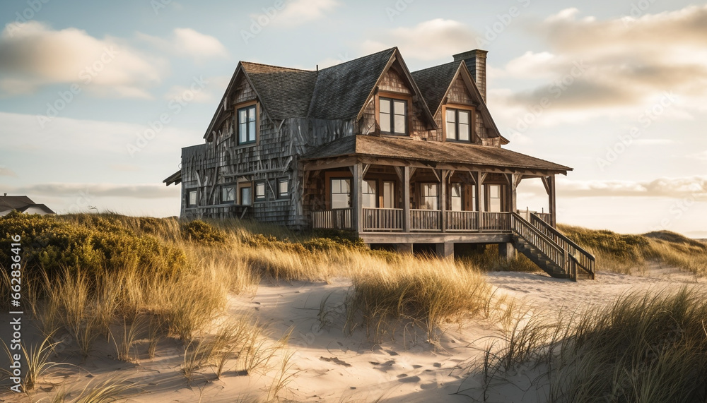 Idyllic timber hut on weathered coastline, surrounded by tranquil nature Idyllic timber hut on weathered coastline, surrounded by tranquil nature
