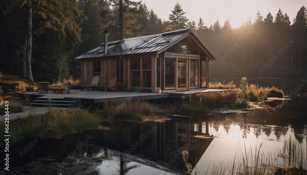 Tranquil boathouse reflects mountain range in serene winter pond Tranquil boathouse reflects mountain range in serene winter pond