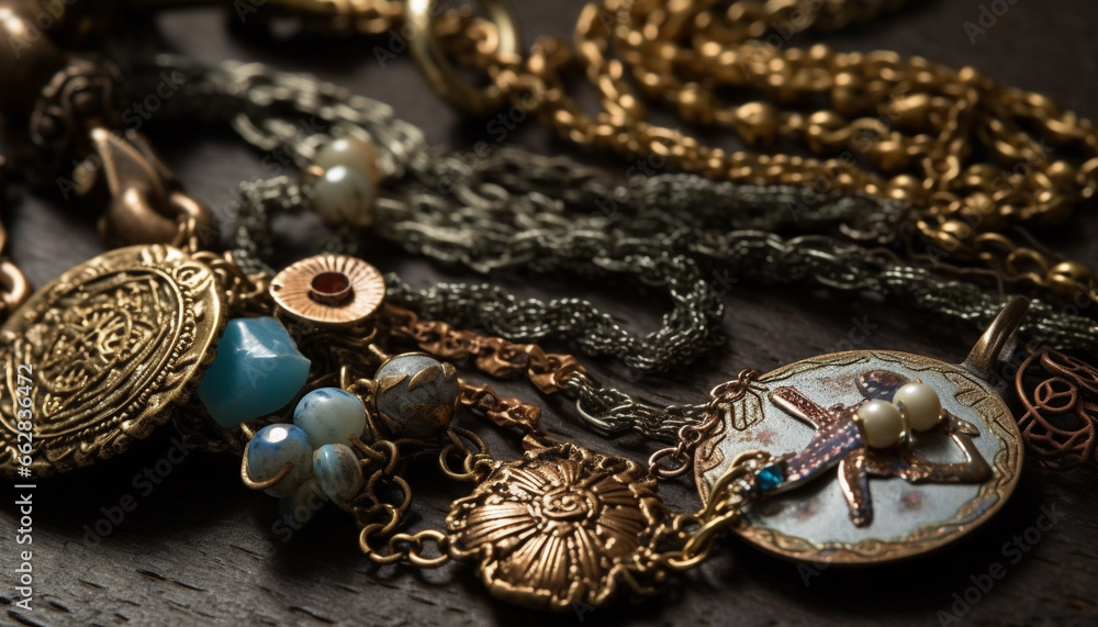 Shiny gold necklace with gemstone pendant, a precious personal accessory Shiny gold necklace with gemstone pendant, a precious personal accessory