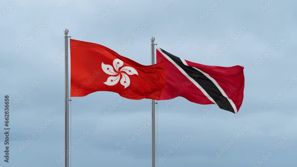 Trinidad and Tobago and Hong Kong flag waving together on cloudy sky, endless seamless loop, two country cooperation concept Trinidad and Tobago and Hong Kong flag waving together on cloudy sky, endless seamless loop, two country cooperation concept