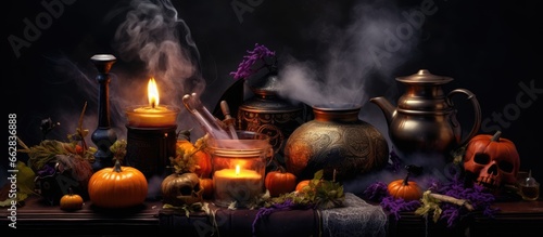 Black background with witch s cauldron candles and magic objects With copyspace for text