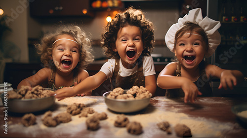 Child prodigies playing making cookies, Generative AI photo