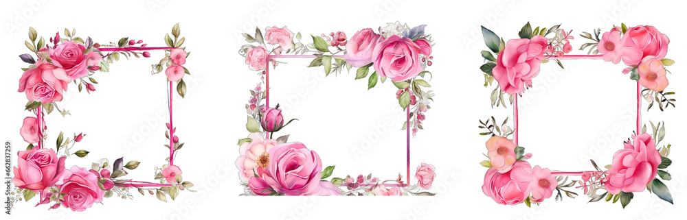 Watercolor floral wreath of pink rose flower in a square frame, isolated on a transparent background. Floral wreaths for wedding invitations, covers, and greeting cards. Floral wreath PNG.