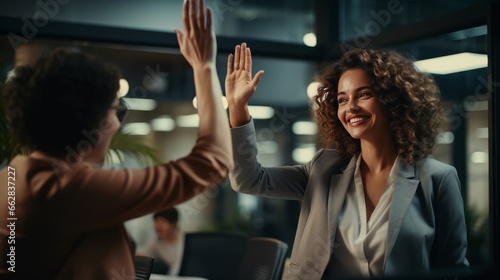 Successful business people giving each other high five in a meeting,colleagues sharing joy of achievement.happy businesswomen giving high five celebrating business success together in coworking space photo