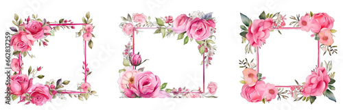 Watercolor floral wreath of pink rose flower in a square frame  isolated on a transparent background. Floral wreaths for wedding invitations  covers  and greeting cards. Floral wreath PNG.
