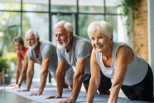 Elderly people do stretching in the gym.