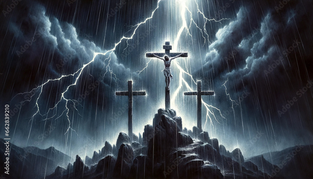 Calvary's Confrontation: Divine Redemption in the Crucifixion as Jesus Christ is Crucified on the Holy Cross, Amidst Ominous Dark Storm Clouds, Electrifying Lightning, and Heavy Rain. - obrazy, fototapety, plakaty 