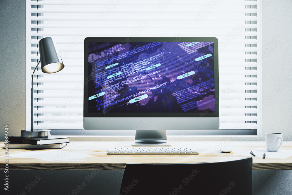 Fototapeta premium Abstract creative coding concept with world map on modern laptop screen. 3D Rendering