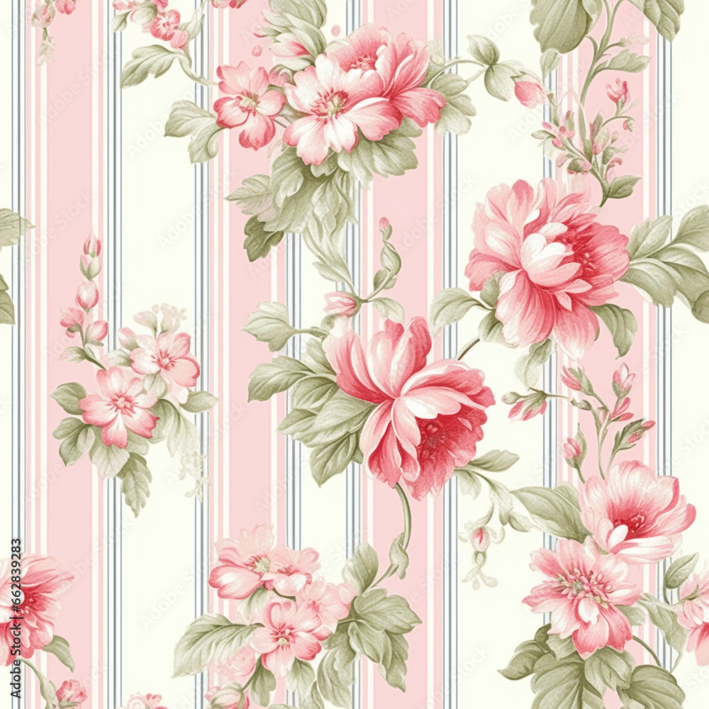 Obraz premium Seamless pattern, tileable striped pink floral country style print for wallpaper, wrapping paper with English countryside rose flowers for scrapbook, fabric and product design